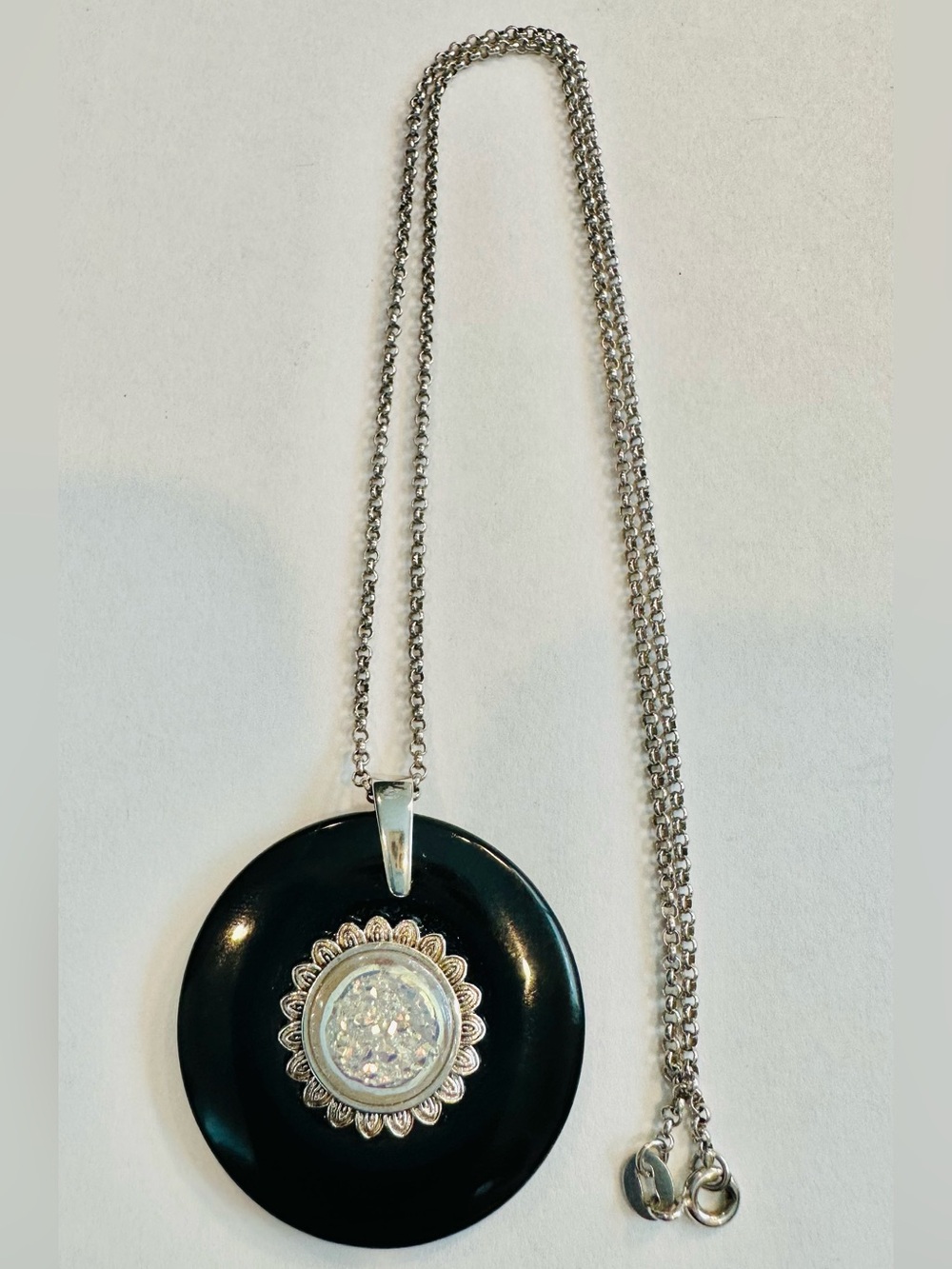 Black Circular Pendant Necklace with Iridescent Center on Sterling Silver Chain
